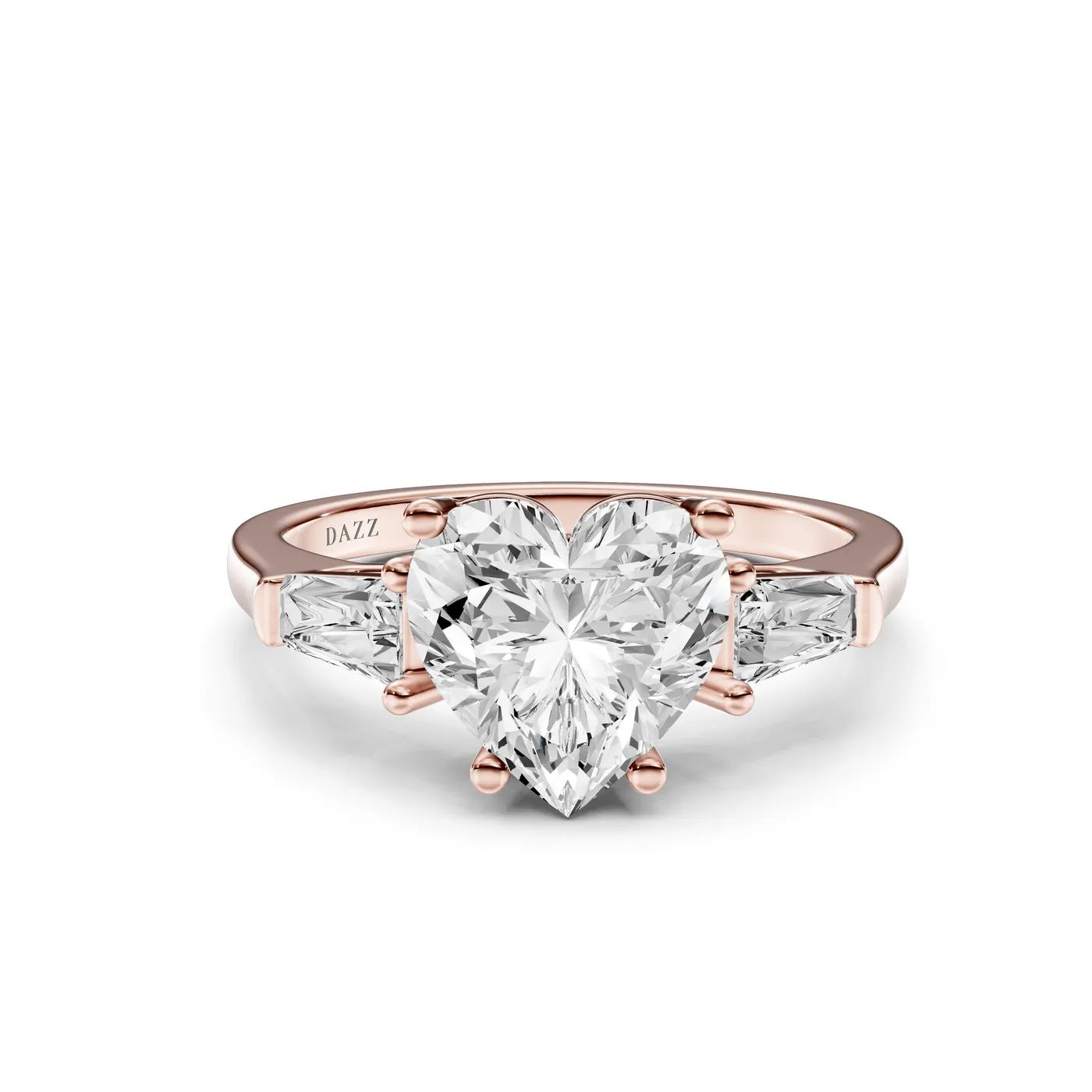 Three-Stone Tapered Baguette Ring — Heart, Heart cut, Rose gold — DAZZ diamonds