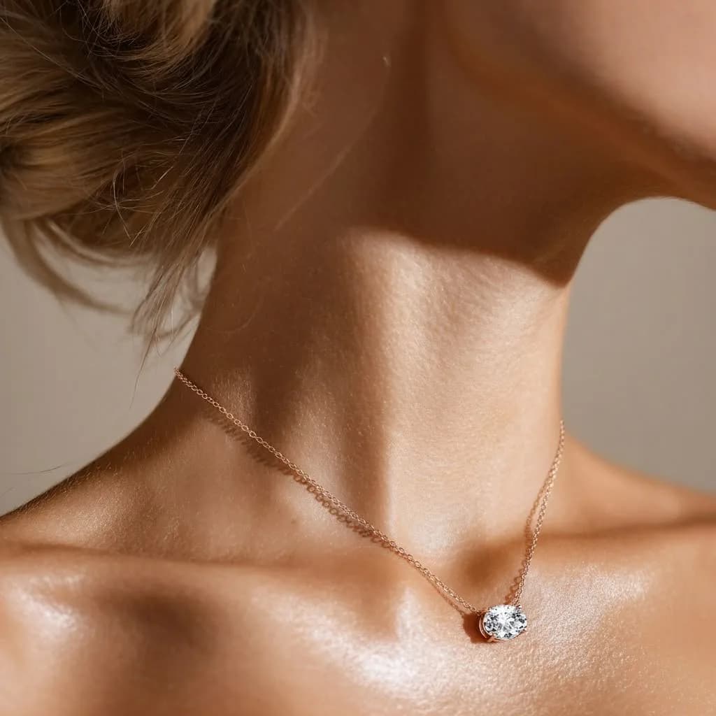 Diamond necklace with an oval solitaire pendant in rose gold, worn on the neck — DAZZ