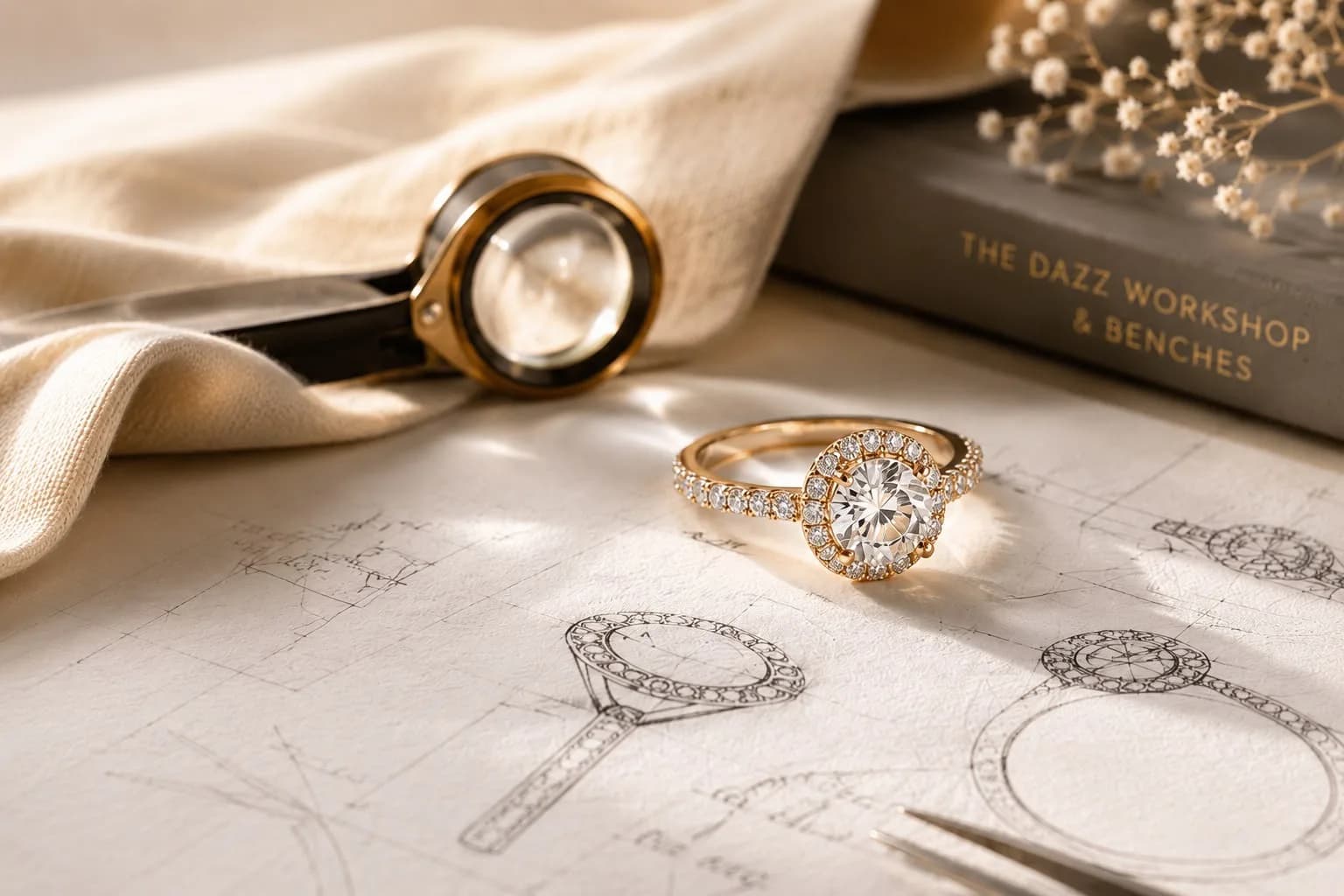 Rose gold halo engagement ring with a center diamond on a design sketch beside a jeweler’s loupe — the DAZZ workshop at the Israel Diamond Exchange