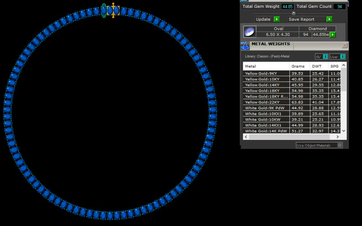 A computer model of a diamond necklace in design software — next to a table of gold weights and stone data, in the DAZZ studio