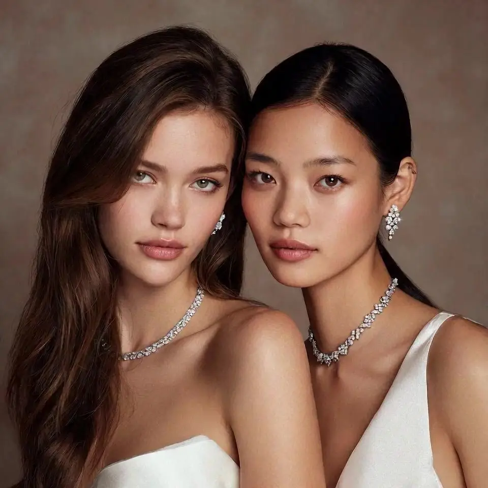 DAZZ campaign — two models wearing diamond necklaces and earrings, handcrafted at the Israel Diamond Exchange